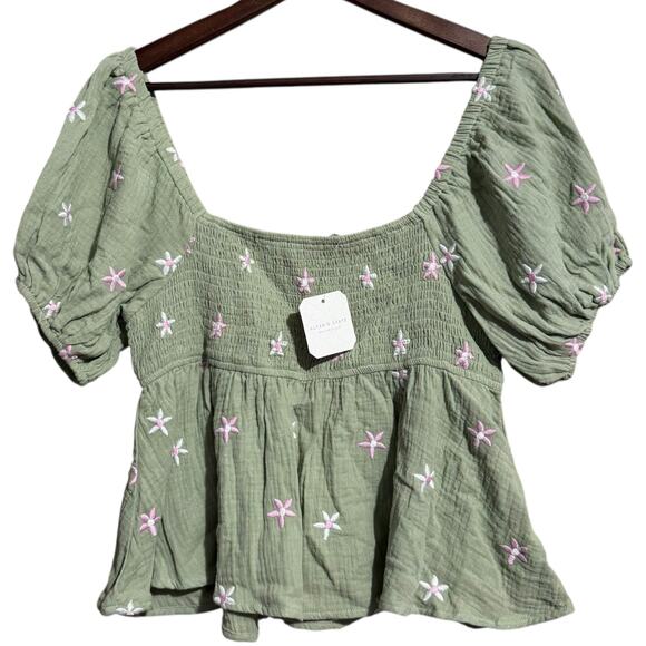 Altar'd State Tops - NWT Altar’d State sage green smocked peplum top with purple embroided flowers XL